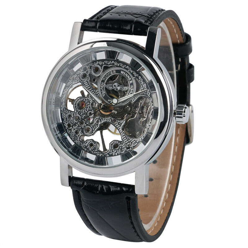 Luxury Watch Nice - 男性用高級ブランド時計,レザーストラップ,メカニカルスケルトン,シルバーダイヤル,ブラック,素敵なギフト