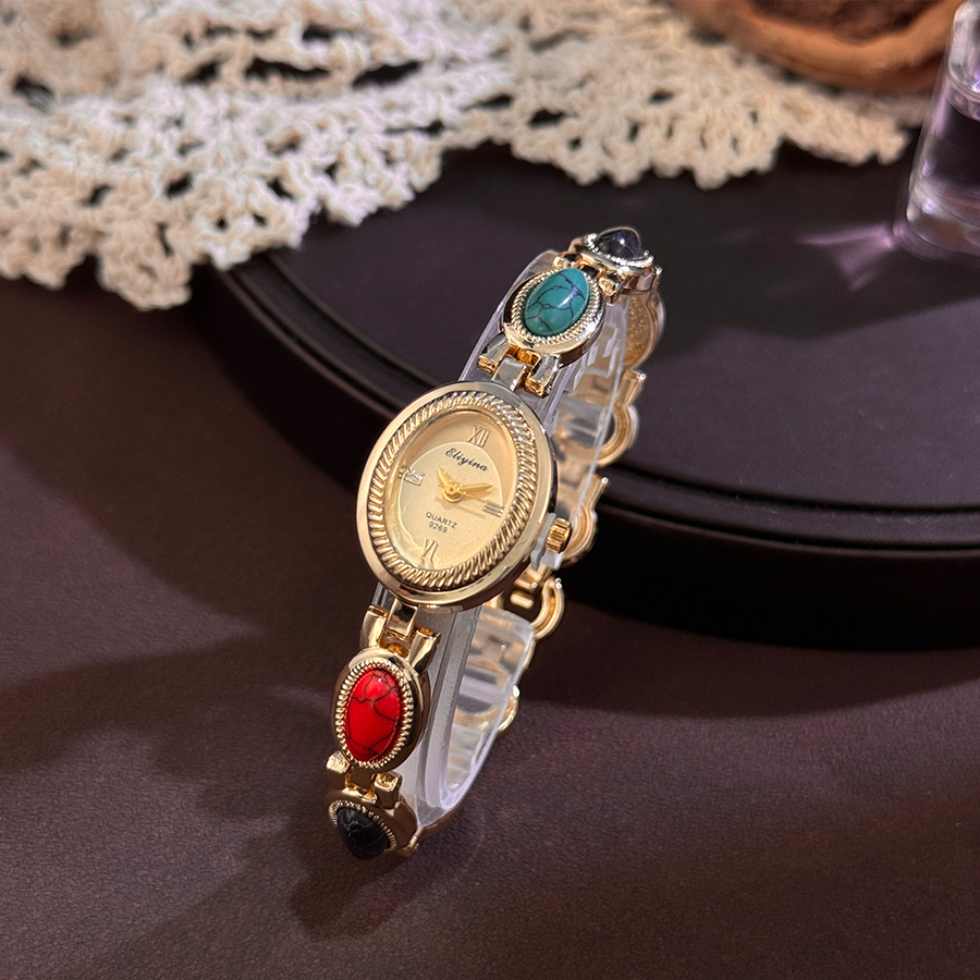Luxury Watch Vintage - カラージェムストーン付きフェムクォーツウォッチ、リチウム合金ブレスレット、オーバルテクスチャケース、ヴィンテージフレンチコートスタイル、手作り