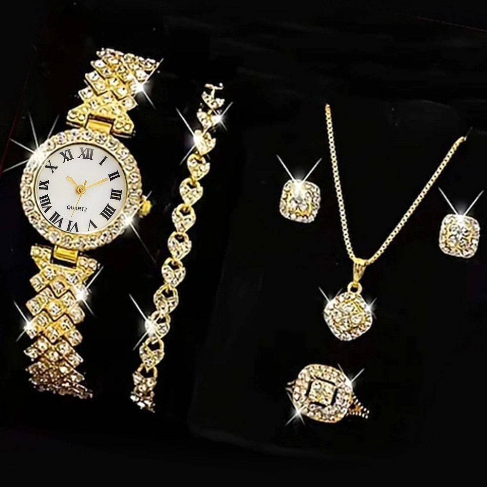 Luxury Watch Travel Case - 6 ピース/セット高級ラインストーン女性用腕時計ファッションローマダイヤルクォーツ時計ジュエリーセットリロイムジェ女の子時計ギフト（箱なし）