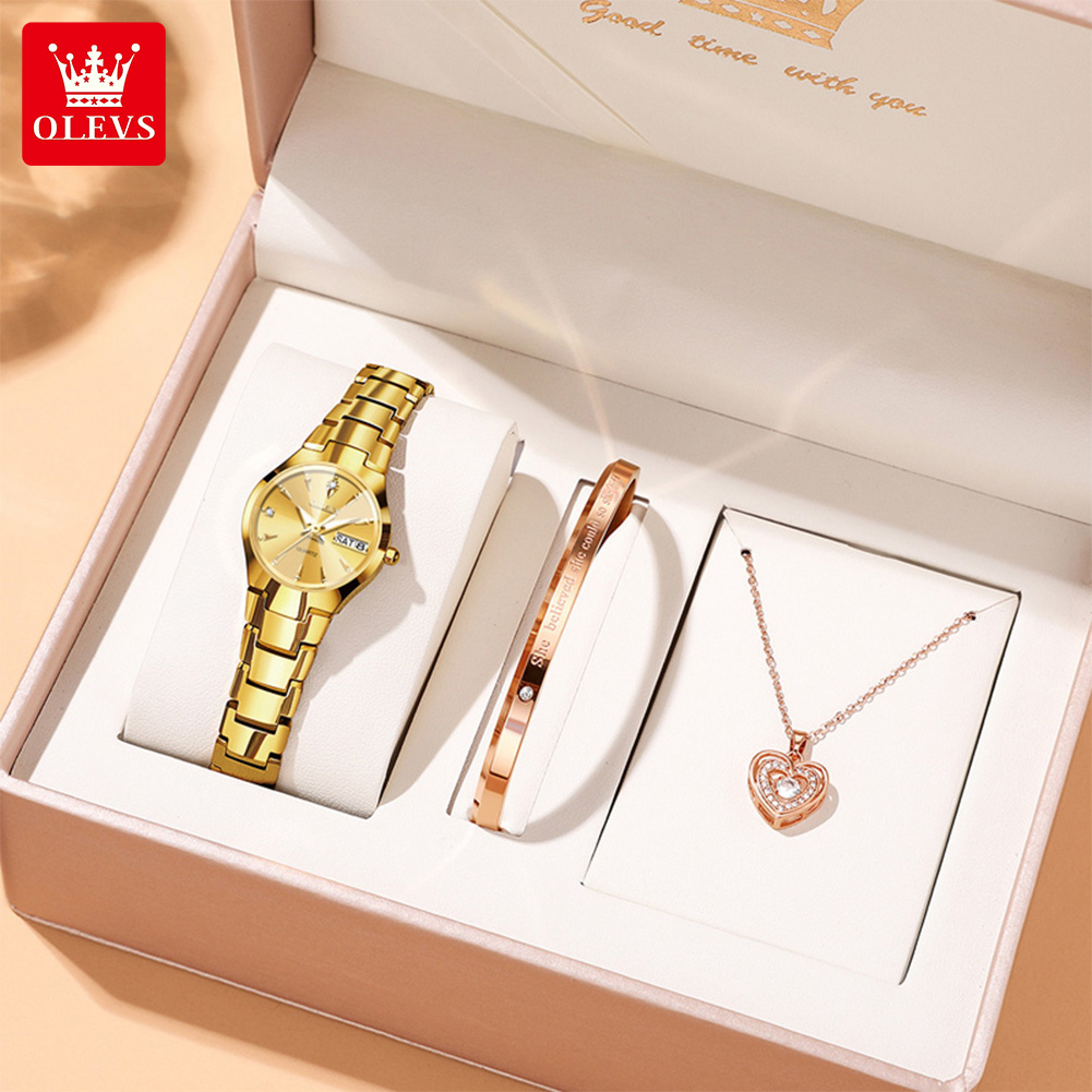 Luxury Watch Lady - OLEVSレディース腕時計8697高級エレガントクォーツ腕時計防水タングステン鋼デイデイト腕時計女性用腕時計ブレスレットセット
