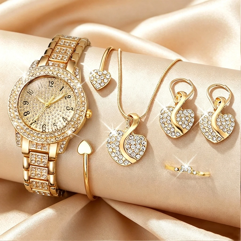 Open Heart Watch - 6 個のファッションラインストーン女性腕時計ハートジュエリーセット高級ブレスレットストラップレディースクォーツ腕時計レロジオ Feminino 時計