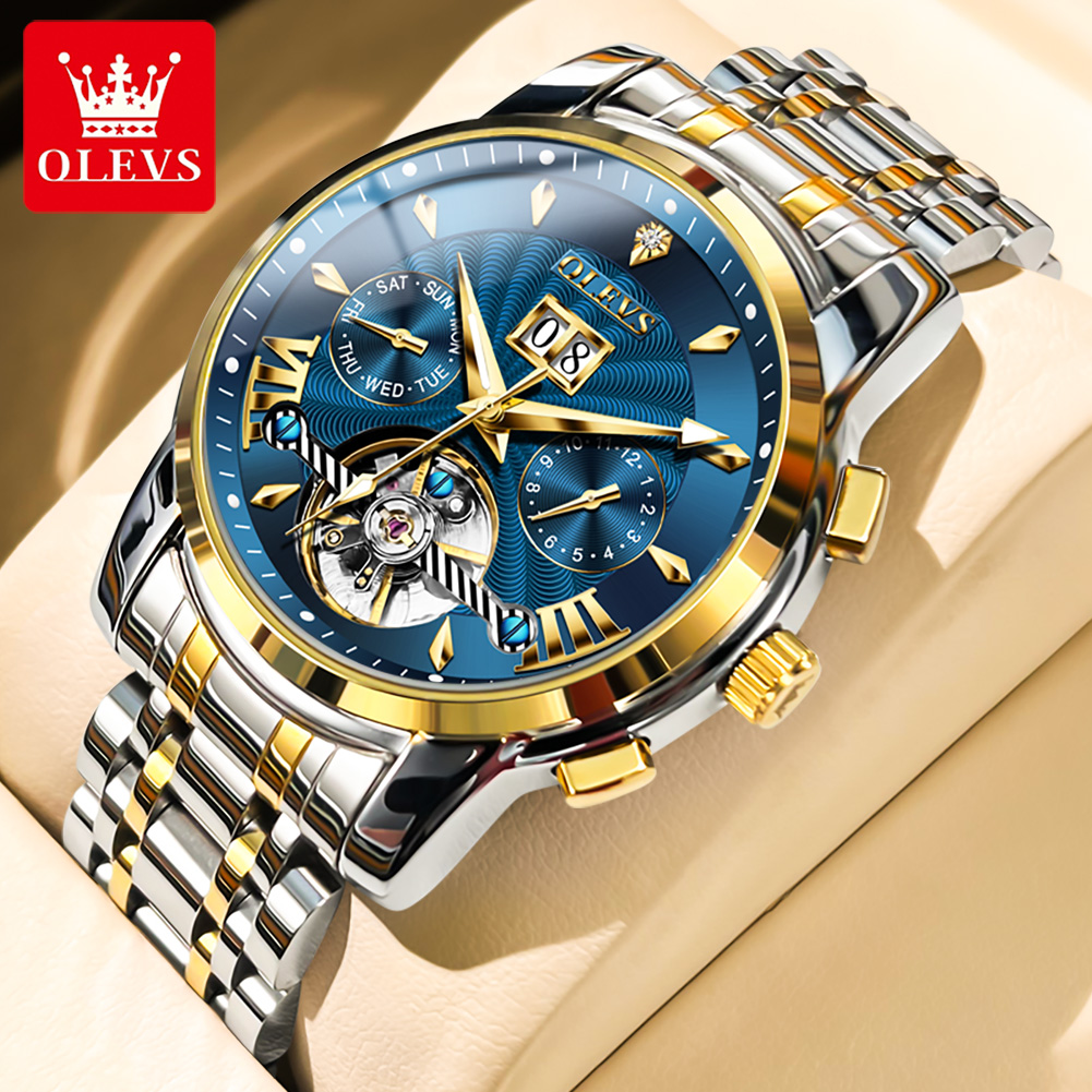 Luxury Watch Men - OLEVS メンズ腕時計高級ファッションファインスチールストラップカレンダー中空自動巻きムーブメントオリジナル自動機械式時計