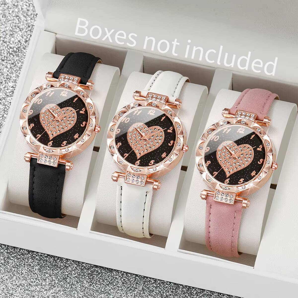 3 個の女性用腕時計セットファッションラインストーンハートダ - Open Heart Watch のレビューと価格
