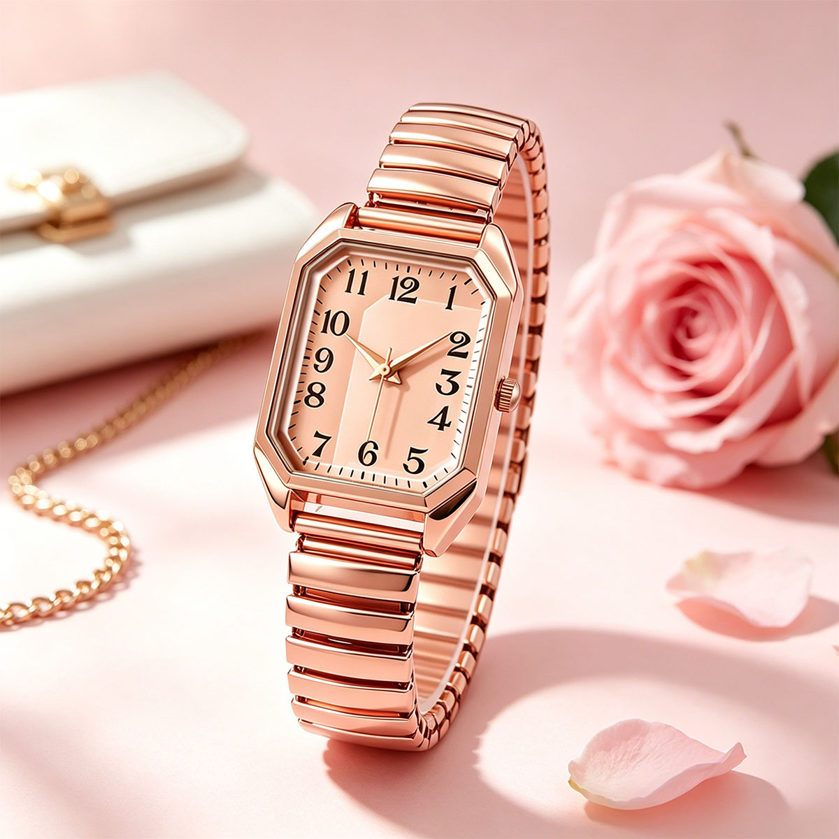 女性用八角形長方形クォーツ時計ツートーンストレッチメタルバン - Luxury Watch Lady のレビューと価格