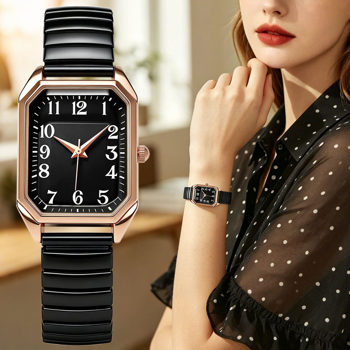 女性用八角形長方形クォーツ時計ツートーンストレッチメタルバン - Luxury Watch Lady のレビューと価格