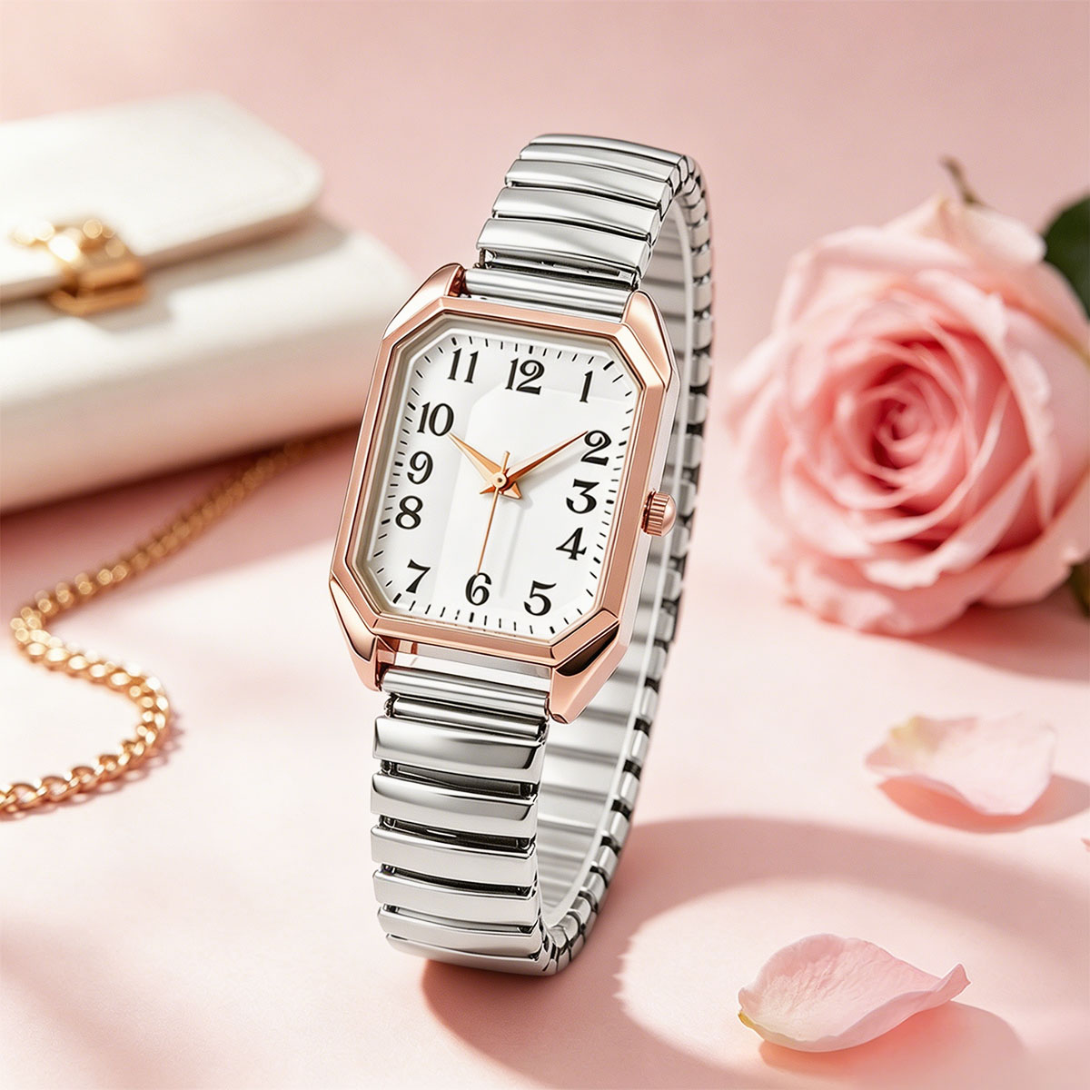 女性用八角形長方形クォーツ時計ツートーンストレッチメタルバン - Luxury Watch Lady のレビューと価格